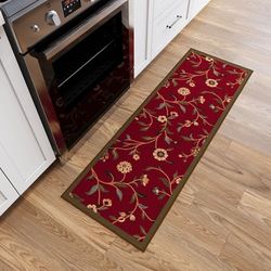 Ottomanson Ottohome - Tapete retangular, base de borracha, design contemporâneo de folhas, 50 x 150 cm, cor vermelha