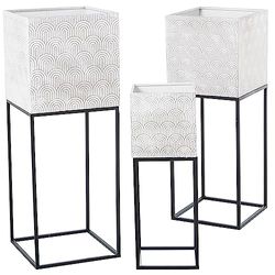 DRW Set di 3 vasi rotondi in metallo con gambe in bianco e nero 28 x 28 x 76 cm