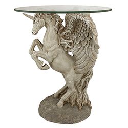Design Toscano EU31323 Table Décorative avec d'une Surface Vitrée Licorne Mythique Ailée, Multicolore, 40.5 x 40.5 x 53.5 cm