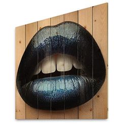 DesignQ Woman Lips With Black and Blue Lipstick - Modern Print on Natural Pine Wood