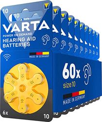 VARTA Hörapparatbatterier storlek 10 gul, paket med 60, Power on Demand, batterier för hörapparater, hörselhjälpmedel, Made in Germany