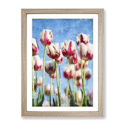 Pink & White Tulip Flowers Painting Modern Framed Wall Art Print, Ready to Hang Picture for Living Room Bedroom Home Office Décor, Oak A3 (34 x 46 cm)