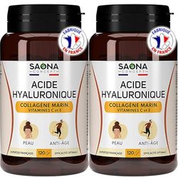 ACIDE HYALURONIQUE & COLLAGÈNE MARIN - Enrichi en Vitamines C & E - 2 mois de cure - Anti-rides 100% Naturel - Anti-âge et Articulations - 120 gélules - Fabriqué en France (Lot de 2)