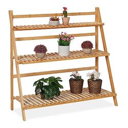 Relaxdays Support pour Plantes, Bambou, Rangement à 3 Niveaux, HxLxP : 96 x 99,5 x 37 cm, Porte-Fleurs Pliable, Nature