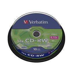 Verbatim CD-RW, 700 MB / 80 minuten - 12x brandsnelheid, hoogwaardige lege cd, voor het maken van back-ups en het branden van gegevens, 10 Pack Spindle