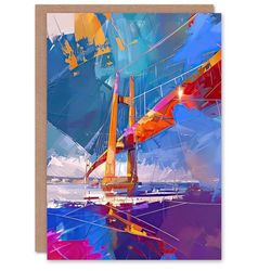 Artery8 Greeting Card Abstract Bridge Colourful Palette Knife Painting Blank For Him Or Her Art Birthday Card