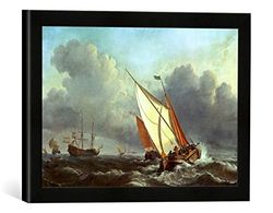 Ingelijste foto van Willem van de Vele "Schepen in stormachtige zee", kunstdruk in hoogwaardige handgemaakte fotolijst, 40x30 cm, mat zwart
