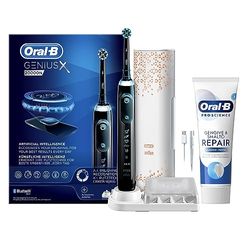 Oral-B Spazzolino Elettrico Ricaricabile Genius X Nero con Intelligenza Artificiale, 1 Testina, 1 Custodia Da Viaggio + 1 Dentifricio Oral-B Gengive & Smalto Repair Classico-Menta 75ml