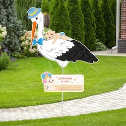 LOHAME 3-delad stork födsel baby blå skallerstork set för födseln baby pojke välkommen hem baby dekoration födelsestork skylt med träpinne namnskylt välkommen present för utomhus inomhus