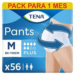 TENA Pants Plus 4 x 14 - Roupa interior absorvente para incontinência e perda de urina abundante, design unissexo confortável e respirável, 56 cuecas descartáveis, branco, tamanho M - pacote mensal