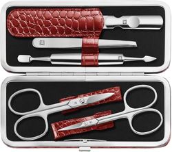 ZWILLING Set manicure pedicure per unghie in acciaio inox, pelle bovina, edizione Kroko, 5 pezzi, rosso