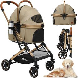 YITAHOME Hondenwagen, kinderwagen, opvouwbare hondenkinderwagen voor middelgrote honden, 15 kg, hondenbuggy met afneembare drager, opbergmand, bekerhouder, huisdierdrager op 4 wielen (kaki)