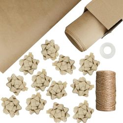 LEVIATAN Set per Confezioni Regalo 10 Fogli 1050x1260mm, Carta da Regalo Kraft con Filo di Iuta da 50 m, 12 Pezzi di Fiocchi Autoadesivi, Nastro Adesivo