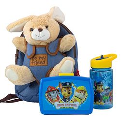 P:os 81442 PAW Patrol - Rucksack für Kinder mit abnehmbarem Plüschtier Hase Bob, Paw Patrol Brotdose und Trinkflasche in Blau, ideales Set für den Kindergarten oder bei Familienausflügen