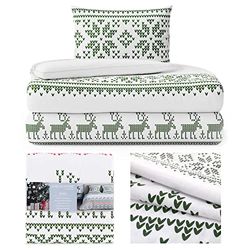 AmeliaHome Flannelette Bed Linen 155 x 220 cm with 1 Pillowcase 80 x 80 cm Cotton Zip Snuggy Hollie Reindeer Norwegian Pattern Green White