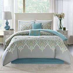 Comfort Spaces All Season Down Alternative Bedding, Matching Shams, Bedskirt, Decorative Pillows, Cotton, Paisley Teal, King