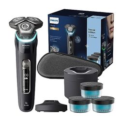 Philips Serie 9000 Afeitadora Eléctrica Hombre, Maquina de Afeitar Barba con Barbero Desplegable, Tecnologia SkinIQ, Inalambrica, Recargable, Centro Limpieza, Base Carga, Funda, S9976/63, Cromo