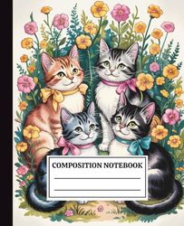 Composition Notebook College Ruled: Vintage Cats Wearing Bows Botanical Illustration | Floral Aesthetic for School, College & Work