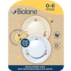 BIOLANE - Ronde fopspenen- Extra dunne fopspenen- 0 tot 6 maanden- Blauw en Beige- Speen van natuurlijk rubber- Respect voor de mondontwikkeling- Zacht en comfortabel- Hernieuwbare materialen