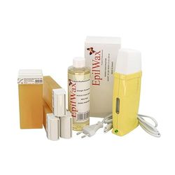 EpilWax Royal Depilatory Kit completo di: Scaldacera professionale, 4 Roll-On di cera da 100 ml di miele 100 strisce depilatorie, 1 flacone di olio dopocera da 250 ml - (Royal miele Series 4)