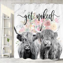 Romantic Angels Highland Cow Shower Curtain 72 * 72 Inch Western Shower Curtains Farmhouse Country Rustic Shower Curtain Sets Funny Cute Get Naked Highland Cow Bathroom Decor (Flower)