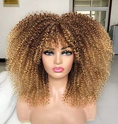Annivia - Parrucche di capelli ricci lunghi da 40,6 cm da donna, parrucca afro con frangia, in fibra sintetica, senza colla, colore biondo sfumato
