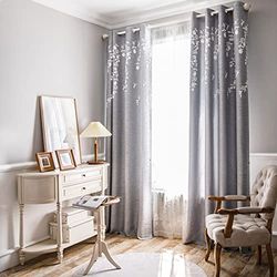 Melodieux 1 Rideau occultant à œillets en Faux Lin avec Broderie Florale pour Salon, terrasse, Porte, Grande fenêtre, Fleur Blanche, 254 x 213 cm (1 Panneau)