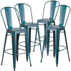 Flash móveis preto envelhecido metal interior, banco de bar, metal, Kelly Blue-Teal, 4 unidades