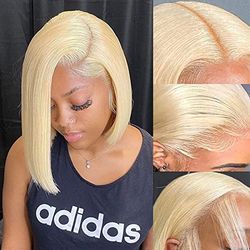HUIWANYAN 613 Human Hair 13x4 Frontal Lace Wig for Black Women - Blonde Bob Wig, 180% Density, Glueless, Pre Plucked with Baby Hair
