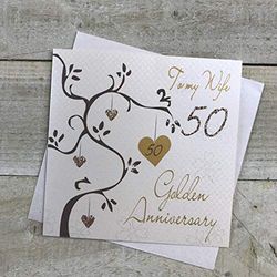 Białe bawełniane kartki 'To My Wife' Goldon', ręcznie robione karty 50-lecia (złote drzewko)