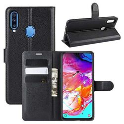 Carcasa de telefono for el Caso del tirón del Cuero Horizontal Galaxy A20S Litchi Textura con la Billetera y el sostenedor y Ranuras for Tarjetas (Negro) (Color : Negro)