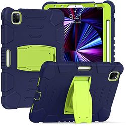 Custodia per iPad Pro da 12,9 pollici 2021/2020/2018 (5/4/3 generazione) con portamatite, robusta custodia protettiva antiurto con staffa nascosta, blu navy + verde