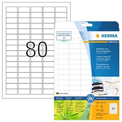 HERMA Self Adhesive Recycling Labels, 80 Labels per A4 Sheet, 20 Sheets, 35.6 x 16.9 mm, 1600 Labels, 100% Recycled Paper Labels Stickers, Sticky Labels for Laser & Inkjet Printer, Natural White