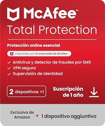 McAfee Total Protection para 2 + 1 dispositivos 2025 |12 meses | VPN segura, el software de seguridad incluye antivirus, gestor de contraseñas, supervisión de identidad | Descarga digital
