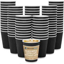 Nationwide Paper 12oz Ripple Coffee Cups Without Lids, Insulated Paper Disposable Coffee Cup, Triple Walled Black Ripple Coffee Cups - 50 Pcs