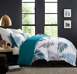SLEEPBELLA Parure de lit réversible en Coton de 600 Fils au Pouce carré, Motif botanique, Feuille Bleu Sarcelle