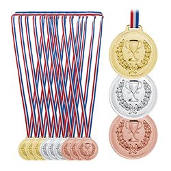 Relaxdays Medallas Niños Cinta Tricolor, Set 12, Ø 6 cm, Plástico, Distinción Ganador Deportes, Dorado, Plateado, Bronce