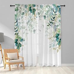 Suurimuuri Gold Green Leaves Living Room Curtains, 84 Inch Long, Floral, Retro Farmhouse Style, Light Filtering, Thermal Insulated, Set of 2 Panels, Eucalyptus