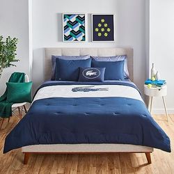 Lacoste Crew 4-Piece Comforter Set, 100% Cotton Percale, Full/Queen, Navy Blue