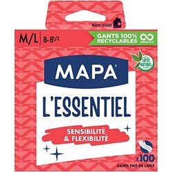 Mapa - L'Essentiel - Guantes finos de látex natural en polvo - Sensibilidad y flexibilidad - Caja de 100 guantes - Talla M/L, Blanco