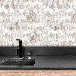 Walplus - Adesivo per piastrelle da parete, 28,5 x 14 cm, 24 pezzi, in pietra beige, con esacube, adesivo per piastrelle da parete, per cucina, bagno, piastrelle