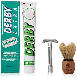 Shaving Factory SF291 Double Edge Safety Razor/Shaving Factory Hand Made Shaving Brush XS Derby Shaving Cream Menthol Scent and Derby Extra Double Edge Razor Blades Gift Set for Men