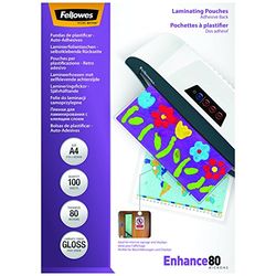 Fellowes 5302202 - 100 capas de plastificar auto-adesivas, 80 mícrons, formato A4 (216 × 303 mm)