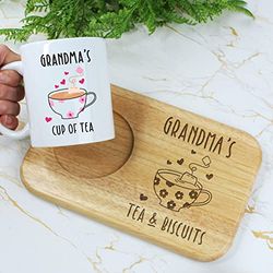 Grandma's Tea & Biscuits Board & Mug Set, Wooden Treat Board with Cup of Tea Mug, Snack Tray, 350ml Coffee Mug, Mother's Day, Birthday Gifts for Grandma