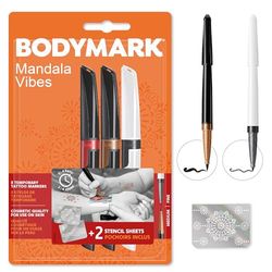 Bic BodyMark Temporary Tattoo Markers, Cosmetic Quality for Use on Skin - Pack of 3 Colours, 2 Brush Tips, 1 Fine Tip and 2 Stencil Sheets - Pack of 3+2
