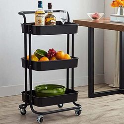 BAKAJI Cosmeticawagen van metaal met 3 planken en 4 360 graden draaibare wielen met rem, multifunctionele rem, ruimtebesparend, voor thuis, keuken, afmetingen 32,5 x 75 x 25 cm, modern design (zwart)