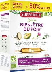 SUPERDIET - QUATUOR BIEN-ÊTRE DU FOIE BIO - Radis noir, Artichaut, Chardon Marie, Romarin - Fabrication française - Format économique - 30 ampoules