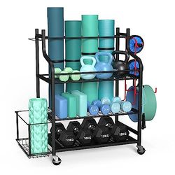 ZACHVO Yoga Mat Opbergrekken, Home Gym Opbergrek voor Halters Kettlebells Schuim Roller, Yoga Riem en Weerstandsbanden, Workout Apparatuur Opslag Organizer Met Haken en Wielen