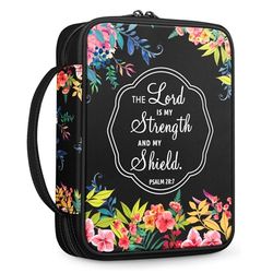 Floral Bible Cover w/A Bookmark, FINPAC Carrying Book Case Church Bag Bible Protective with Handle and Zippered Back Pocket, Perfect Gift for Girls Women Mother Kids (Black)