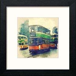 Lumartos, Glasgow Trams Glasgow Cross Contemporary Home Decor Wall Art Watercolour Print, Black Wood Frame, 14 x 14 Inches